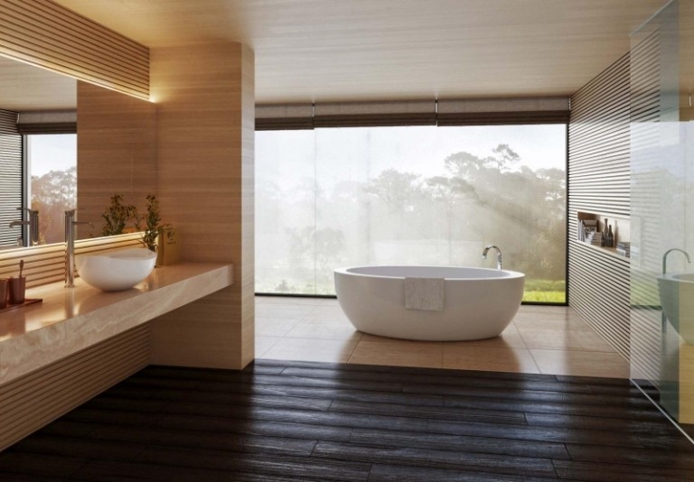 Kúpeľňa položená s pieskovcovou dlažbou - moderný interiérový dizajn Dizajn kúpeľne-vaňa-nápady-moderný-pieskovec