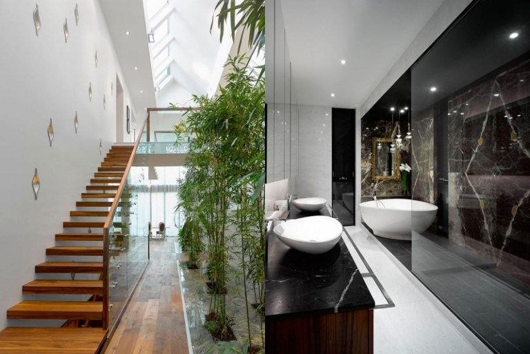 Kúpeľňa na prízemí so sklenenou stenou a bambusom Dizajn kúpeľne-mramorovo-sklenená stena-bambus