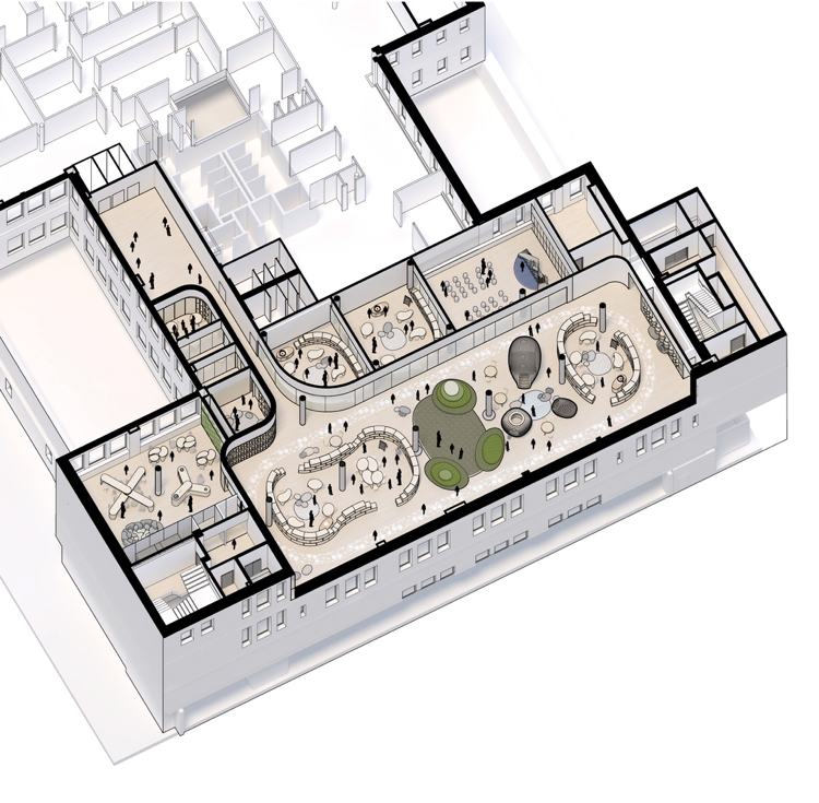 Interaktívna škola v New Yorku, otvorený priestor, pôdorys