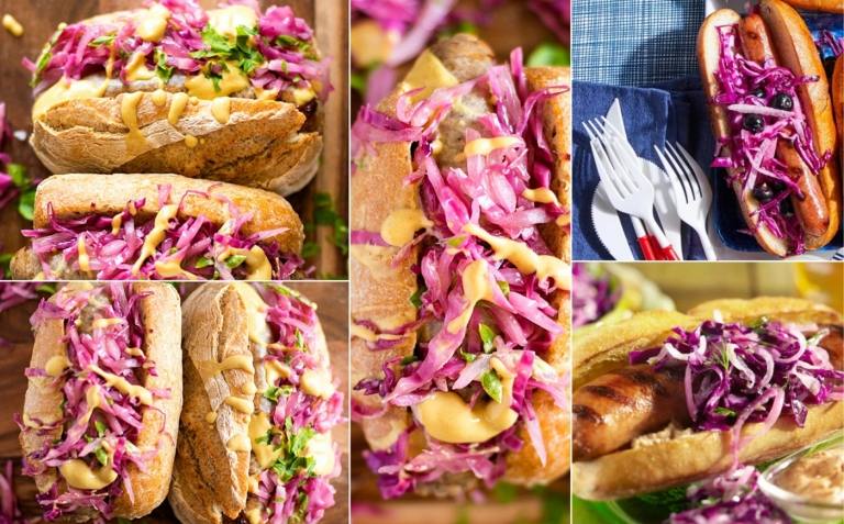 Hot dog s klobásou, kyslá kapusta z červenej kapusty a horčice