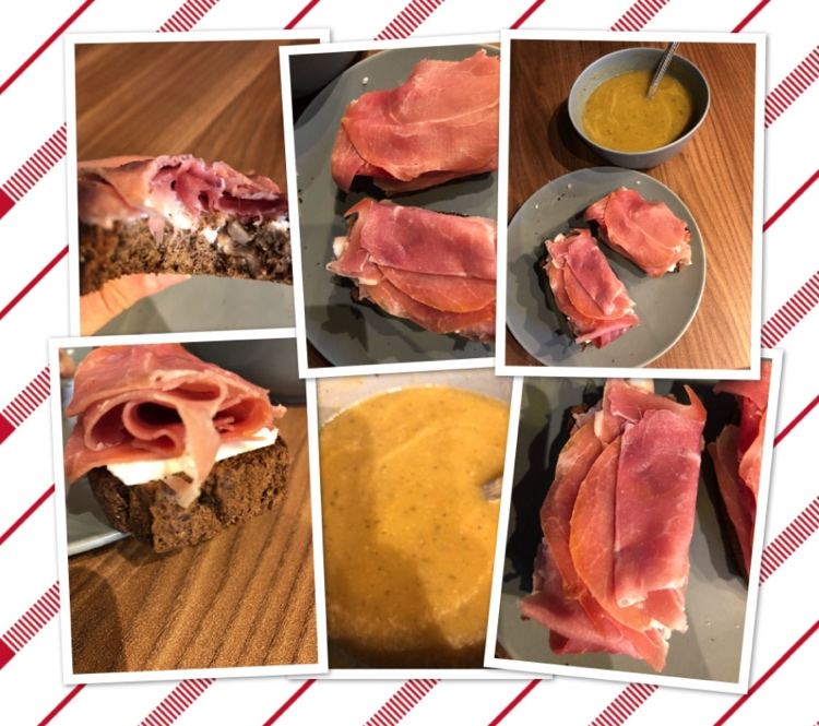 Keto obed chlieb z vlašských orechov, prosciutto a zeleninová polievka
