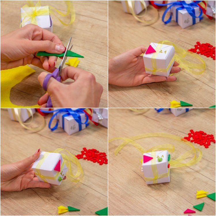 3 DIY adventný kalendár darčekové krabičky stužková kravata ozdobné papierové obaly ozdobiť filcové brúsené ozdobné korálky lepidlo