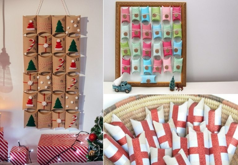 Adventný kalendár vyrobený z toaletných roliek vo forme vrecúšok v ráme alebo košíku