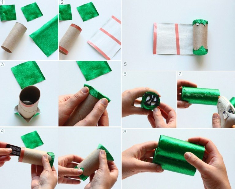 Adventný kalendár vyrobený z toaletných roliek je vyrobený zo zeleného krepového papiera a obojstrannej lepiacej pásky