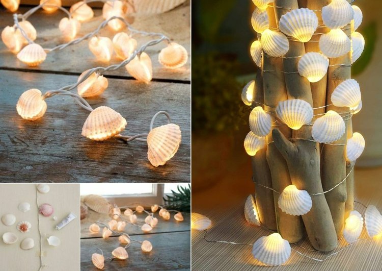 Prilepte malé mušle z dovolenky k LED rozprávkovým svetlám na ozdobu námorného okna