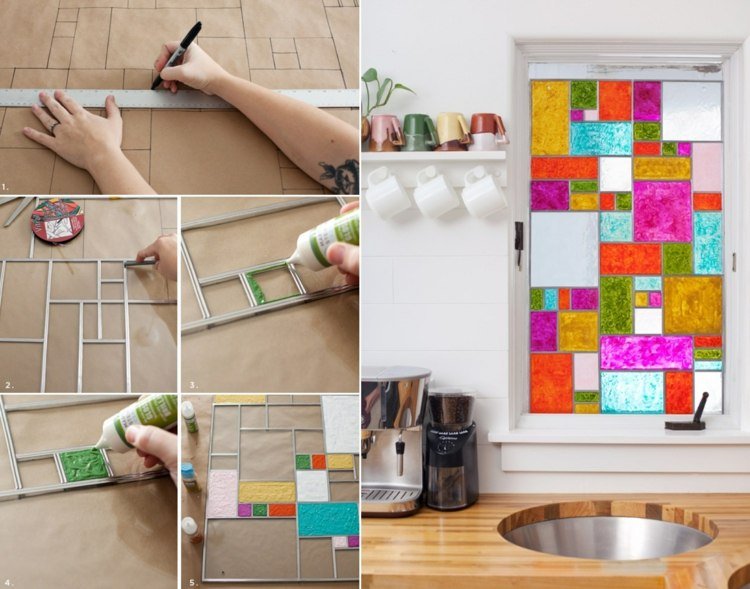 Sklenenú tabuľu navrhnite olovenými páskami a vymaľujte farbami na okná