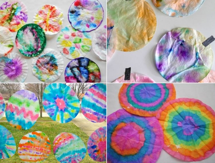 Okenný obrázok ručných prác s vodovými farbami a skladanými kávovými filtrami s deťmi