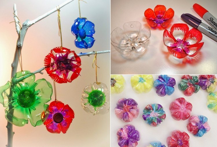 Na kvety namaľujte farebné plastové fľaše alebo číry plast