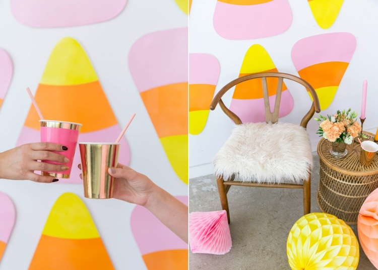 Večierková dekorácia na stenu - cukrík v ružovej, oranžovej a žltej farbe