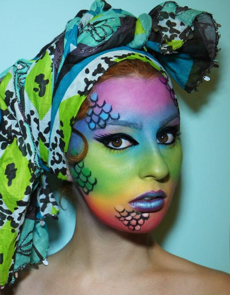 Dúhový make-up na Halloween halloween make-up farebné-dúhové-farebné-váhy-šatka