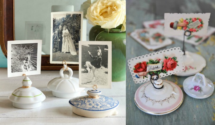 diy-nápady-držiak na fotografiu-veko čajníka-vinobranie-porcelán