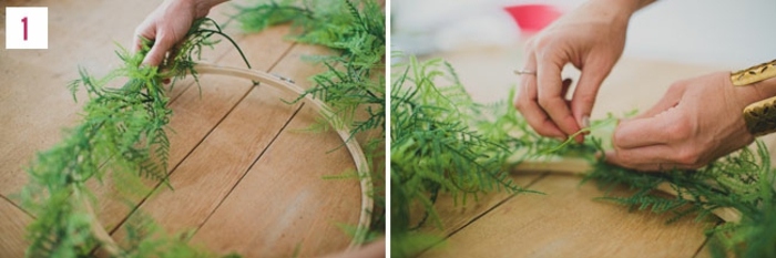 DIY veniec z hodvábnych kvetov - pridajte do vienka trochu zelene veniec drotár hodvábne kvety zelená svadba nápad deco