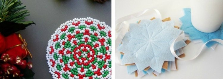 Ručné práce s korálkami a tkaninou - skvelé tácky na banketový stôl dekorácia stolu kutilské podložky pod snehové vločky okrúhle perly romantické