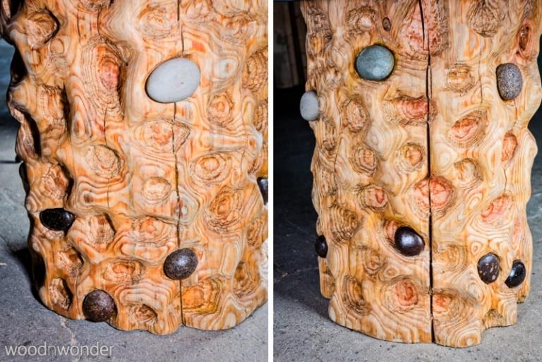 aj základ stola je ozdobený oválnymi kamienkami rieky Dánsky nábytok z masívu-riečne kamene-noha-stôl-posteľ-vyhĺbené