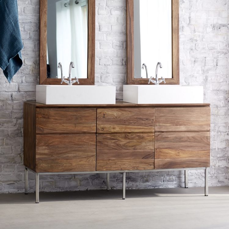 jednoduchá súprava s dvojitým umývadlom z pravého dreva Dvojité umývadlo s umývadlom na dosku-zostavy-štvorcový-biely-faucet-drevená-spodná skrinka-kovové-nohy-priemyselný dizajn