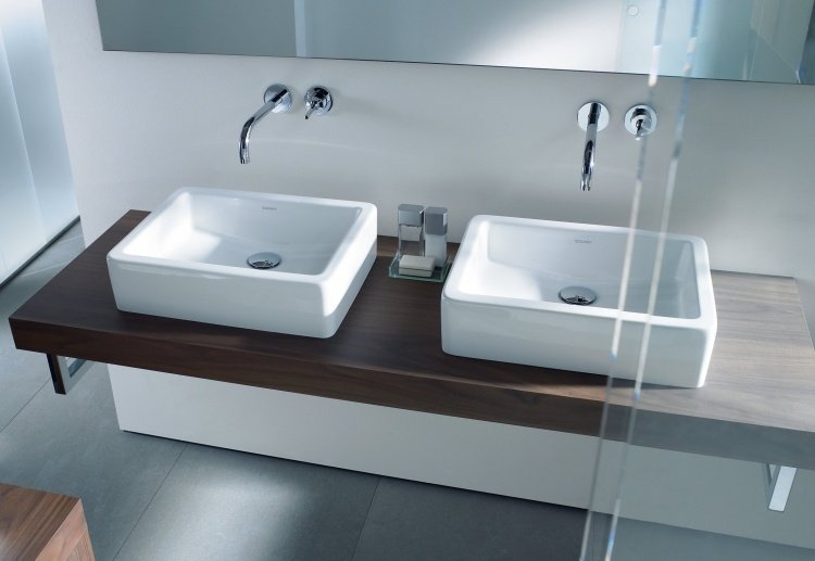 Dvojitá umývacia časť s drevenou konzolou a príslušenstvom Dvojité umývadlo s umývadlom na dosku-súprava-duravit-hranaté-zaoblené-montáž na drevenú dosku-biela-jednoduché