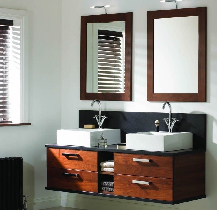 klasický dizajn kúpeľne - drevený, čiernobiely Dvojumývadlo s umývadlom na dosku-zostavy-štvorcová biela skrinka-spodok-drevo-tmavá-vrch-čierna-zrkadlo