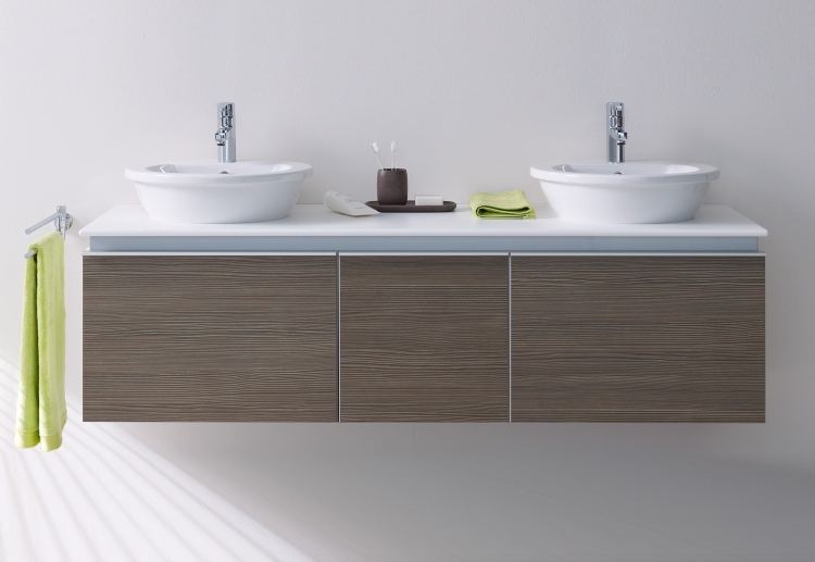 oválna a obdĺžniková môže byť dobrou kombináciou Dvojité umývadlo s umývadlom na dosku-súprava-duravit-oválna skrinka-drevený vzhľad-hnedo-zelené akcenty