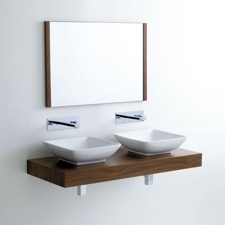 štvorec so zaobleným dnom Dvojité umývadlo s umývadlom na dosku-súprava-štvorcové-oválne-obyčajné-biele-drevo-tanierové zrkadlo