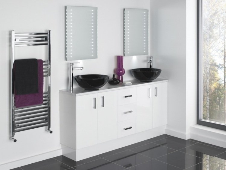 vrstvené, zdržanlivé riešenie pre kúpeľne - čiernobiely vysoký lesk dvojité umývadlo-dosky-zostavy-okrúhle-čierna-kúpeľňa-biela-základ-skriňa-purpurová-dekorácia