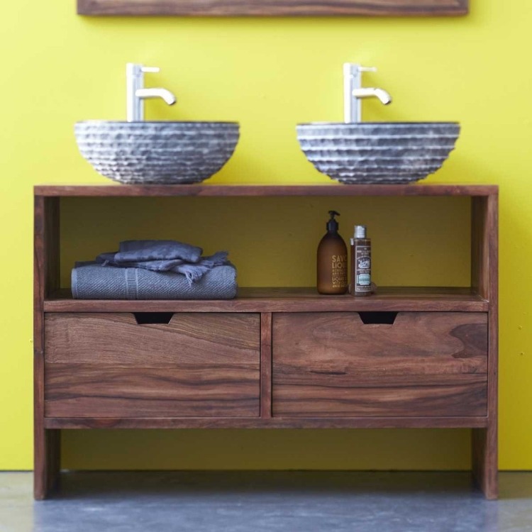 Dvojitá márnosť s ručne vyrobeným umývadlom dvojité umývadlo-doska-zostavy-okrúhla-žula-hrubý-kameň-optika-orech-kúpeľňa-komoda-žltá stena