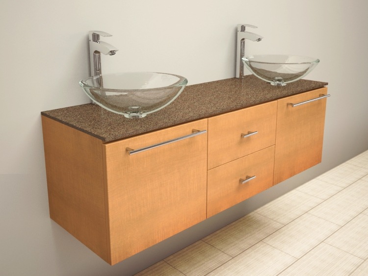 Umývadlo z číreho skla dvojité umývadlové dosky-zostavy-sklo-transparentné-dosky-žulové-spodné-skrinky-javorové