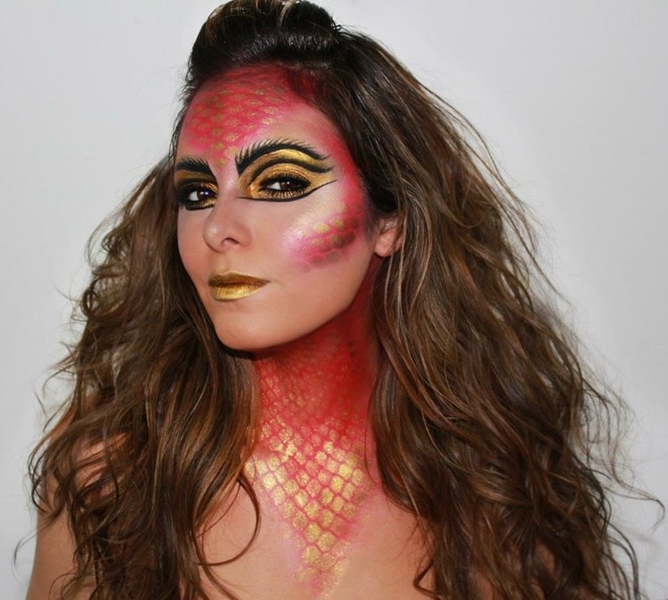 drak make -up červené zlato čelo líca oči krk