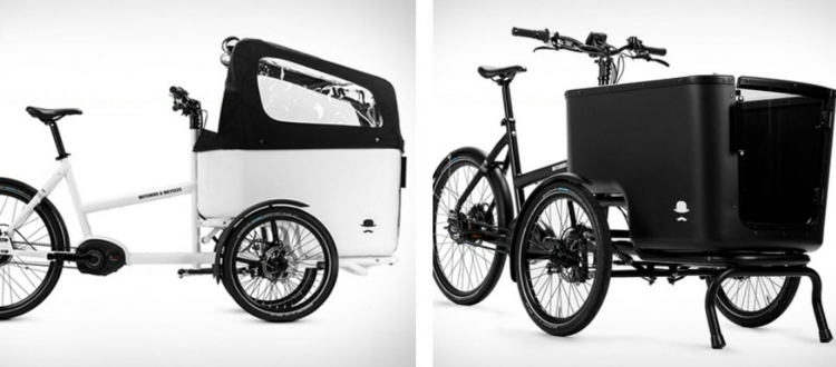 Trojkolka s postranným vozíkom je navrhnutá spoločnosťou Butchers & amp; Bicykle stojan na bicykel s postranným vozíkom čiernobiely