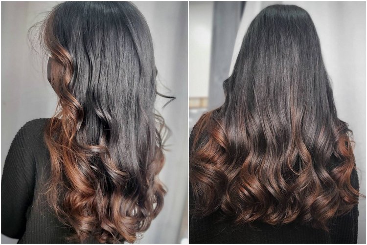čierne vlasy s čokoládovo hnedou balayage