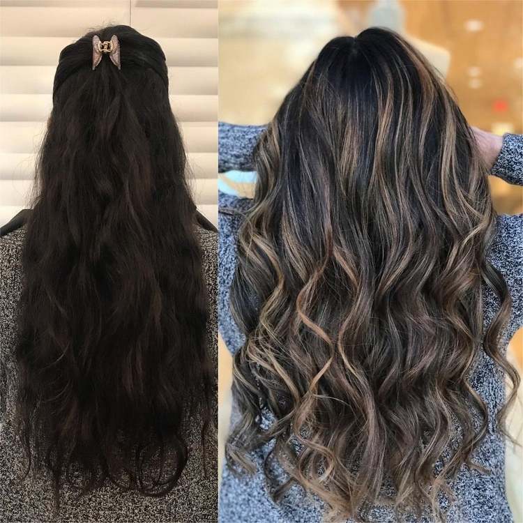 čierne vlasy so svetlohnedými melódiami balayage