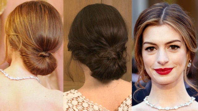 Drdol na krku s rozchodom Anne Hathaway Šaty-s-čipkou-zdobené-drdola-rovné vlasy