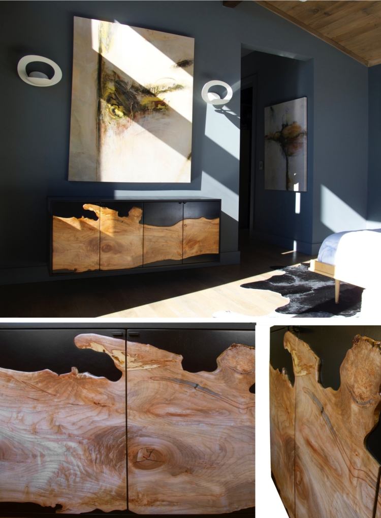 prírodný tvar a optika pre dosku SIdeboard v čiernej farbe a dreve Nábytok z pravého dreva -prírodné-tropické drevo-exotický-kredenc-hala-živica-zrno