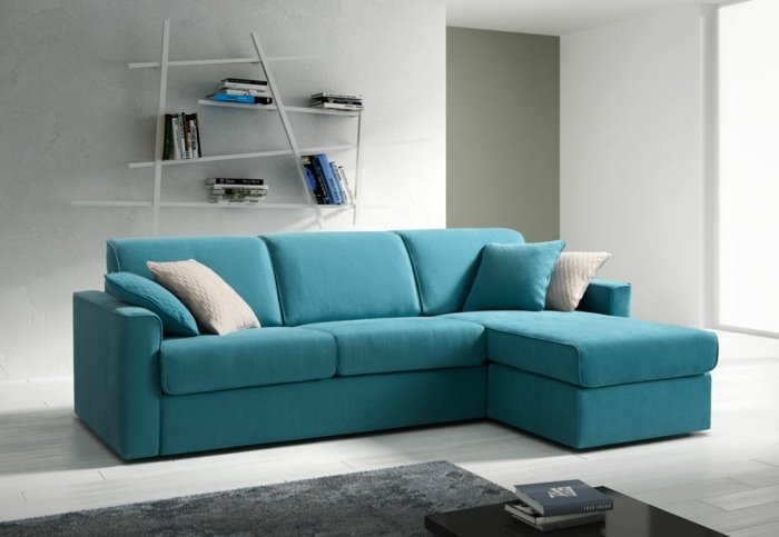 Rohová sedačka akvamarín s čalúnením a obývacou časťou