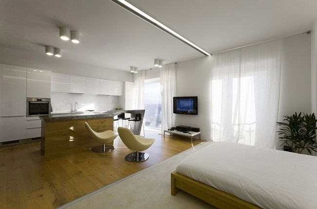 jednoizbový byt moderná spálňa kuchyňa jedna