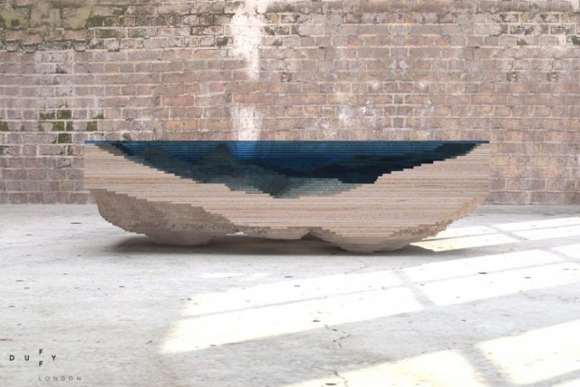 dizajnový konferenčný stolík drevo geologická mapa more