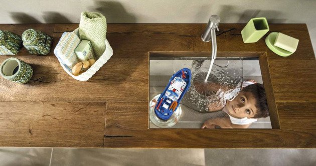 drevené umývadlo priehľadné sklenené umývadlo lago