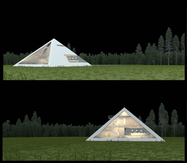 3D koncept domu juan carlos ramos pyramídová sklenená fasáda 3D realistický koncept domu juan carlos ramos fasáda z pyramídového skla