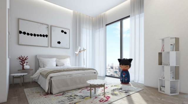 Moderný byt-vo-veži-w-Tel-Aviv-dekorácie spálne s panoramatickým výhľadom