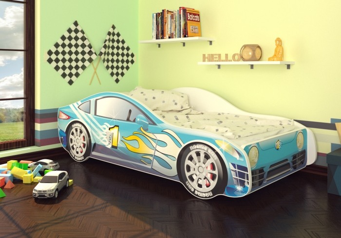 Detská postieľka-auto-BFK-modré-závodné-auto-matrac-rošt