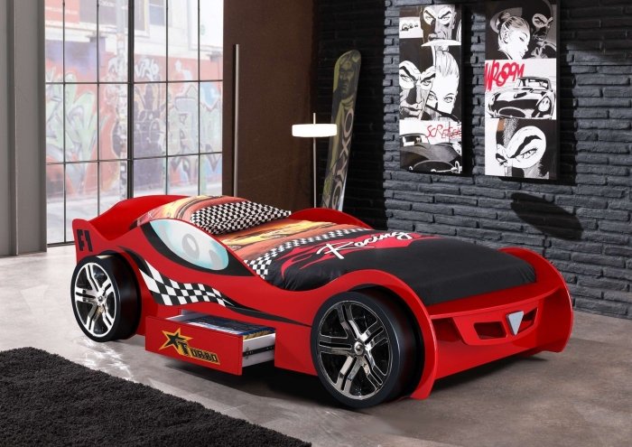 Detská posteľ-vozeň tvarovo-lamelový rám-závodné auto-vysoký lesk-červená-MDF