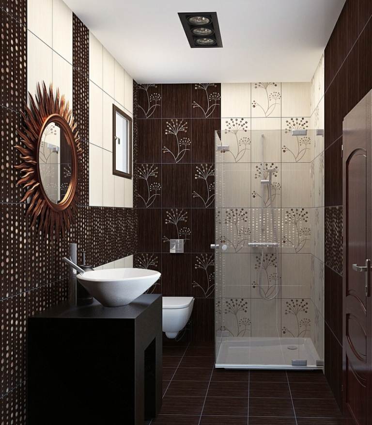 malé kvetinové motívy do kúpeľne obklady hnedé biele rohové sprchové sklo