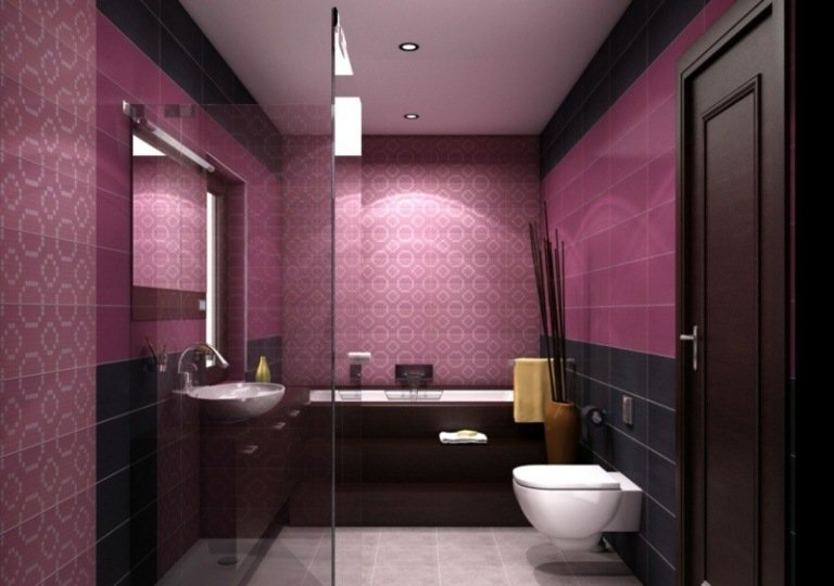 malá kúpeľňa fialová dlažba sivá tmavohnedá skrinka sklenená sprcha