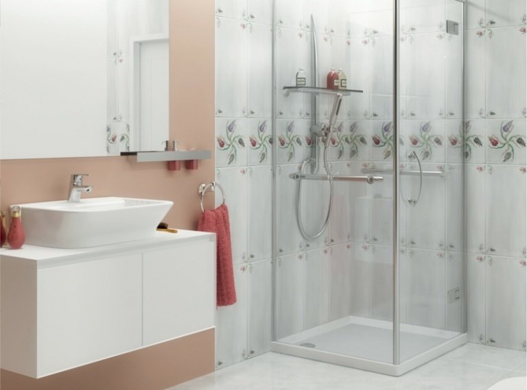 kúpeľňa malá lososová farba obkladačky kvety rohová sprcha