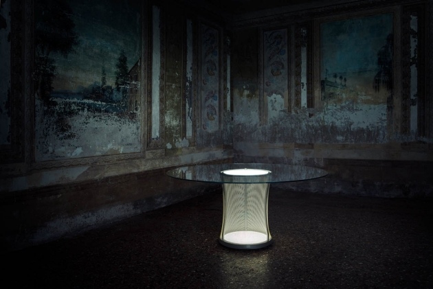 Dizajnový sklenený stôl so sklenenou doskou a sklenenou doskou Dizajnový stolný okrúhly svetelný panel so sklenenou doskou