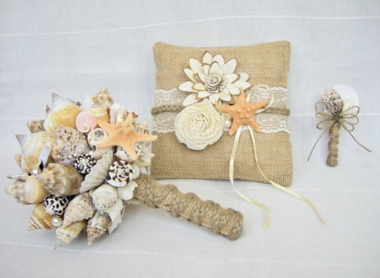 Ring-vankúš-svadba-svadba-kytica-návrh-mušle-pytlovina-pláž-téma