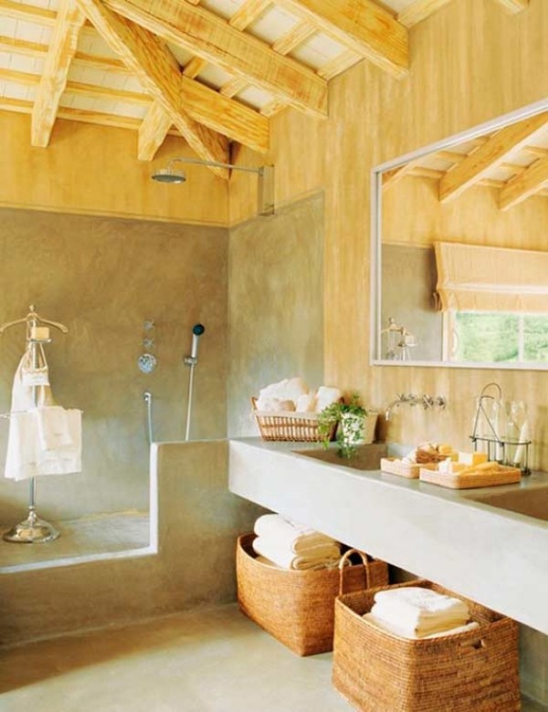 Rustikálne nápady do kúpeľne-viditeľné barové koše Rustikálne nápady na dizajn kúpeľne s viditeľnými barovými košmi