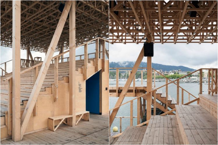 Schody na tribúnu - všetky vyrobené z dreva Drevený pavilón jazero Zurich-schodisko-zábradlie-strecha