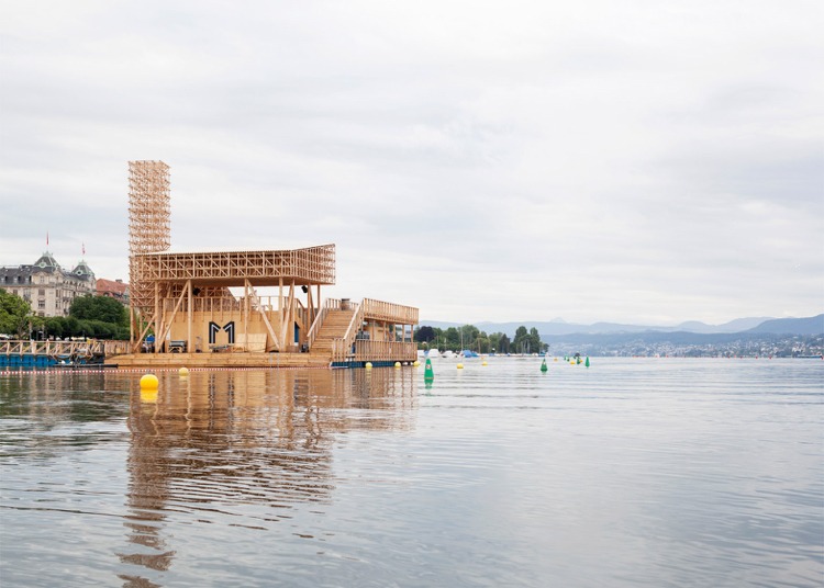 rôzne úrovne kúpacej platformy drevený pavilón-jazero-Zürich-kúpacia plošina-leto