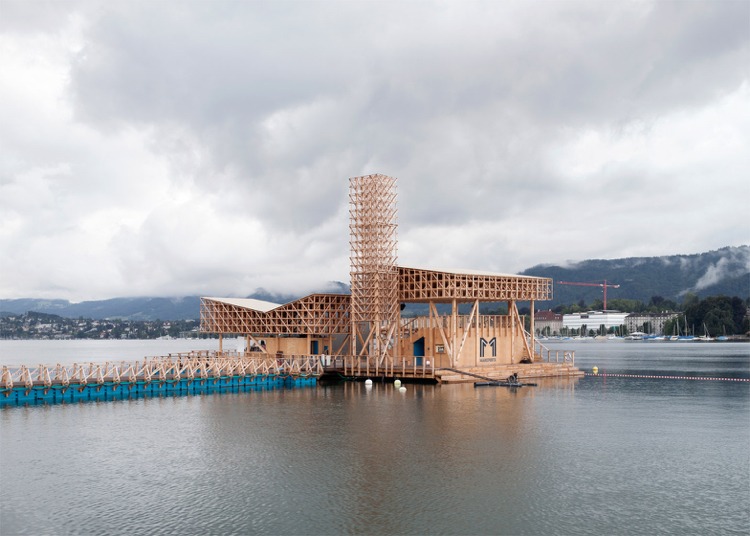 moderná architektúra a súčasné umenie drevo-pavilón-zurichsee-kunstwerk-odrážať