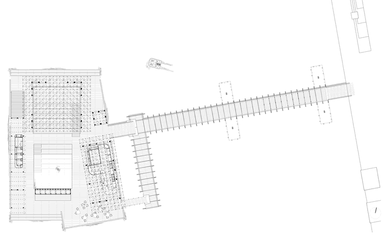 K pavilónu vedie 50 metrov dlhý chodník drevo-pavilón-jazero-curych-plán-50-metrová lávka